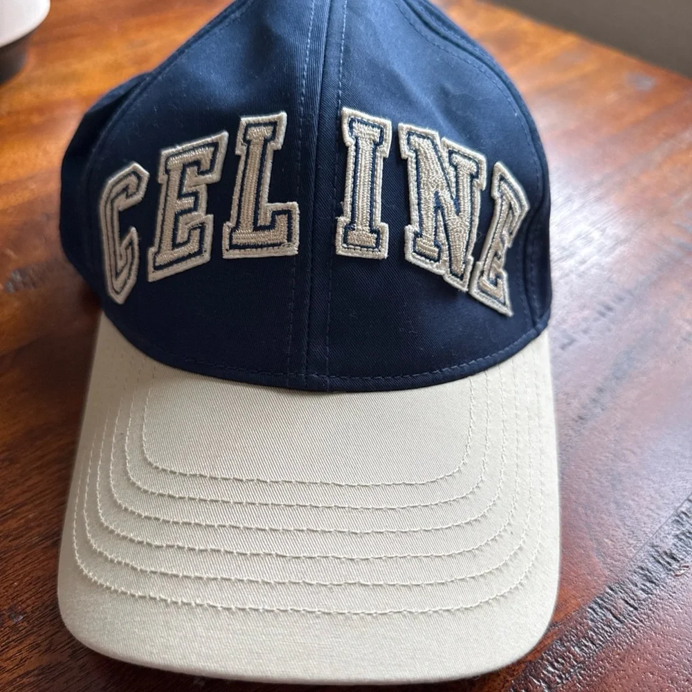 Celine Varsity Navy and Beige Embroidered Logo Baseball Cap - Picture 2 of 10